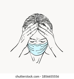 Sketch of young woman portrait in medical face mask has headache holding hands on her head temples, coronavirus pandemic depression problem, Hand drawn vector linear illustration isolated