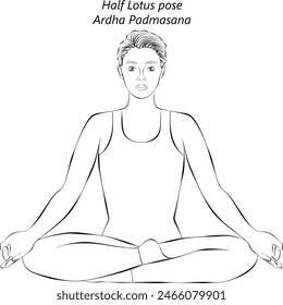 Sketch of young woman practicing Ardha Padmasana yoga pose. Half Lotus pose. Beginner Difficulty. Isolated vector illustration.