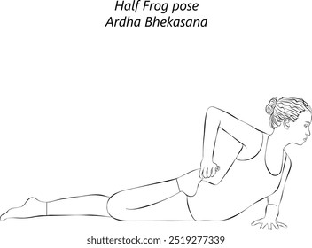 Sketch of young woman practicing Ardha Bhekasana yoga pose. Half Frog pose. Intermediate Difficulty. Isolated vector illustration.