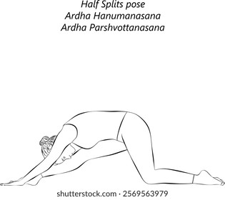 Sketch of young woman practicing Ardha Hanumanasana yoga pose. Half Splits pose or Half Divine Monkey pose. Isolated vector illustration.