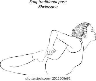 Sketch of young woman practicing Bhekasana yoga pose. Frog tradidion pose. Intermediate Difficulty. Isolated vector illustration.