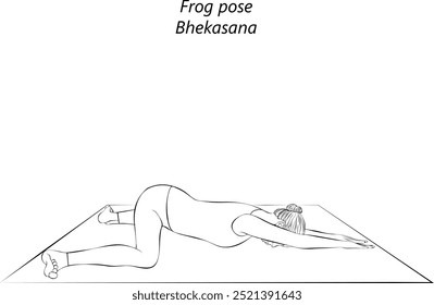 Sketch of young woman practicing Bhekasana yoga pose. Frog pose. Intermediate Difficulty. Isolated vector illustration.