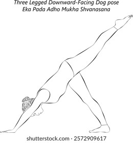 Sketch of young woman practicing Eka Pada Adho Mukha Shvanasana yoga pose. Three Legged Downward-Facing Dog pose. Isolated vector illustration.