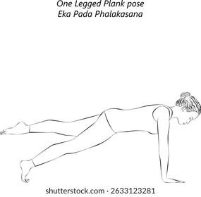 Sketch of young woman practicing Eka Pada Phalakasana yoga pose. One Legged Plank yoga pose. Intermediate Difficulty. Isolated vector illustration.