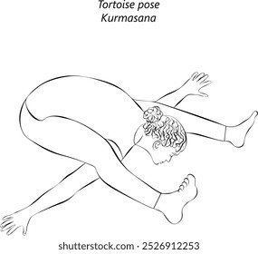 Sketch of young woman practicing Kurmasana yoga pose. Tortoise pose. Intermediate Difficulty. Isolated vector illustration.