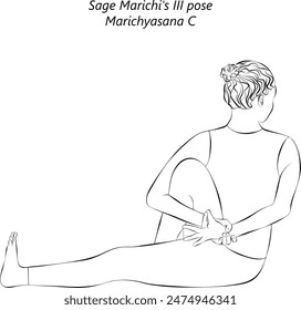 Sketch of young woman practicing Marichyasana C yoga pose. Sage Marichi III pose. Intermediate Difficulty. Isolated vector illustration.