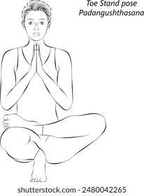 Sketch of young woman practicing Padangushthasana yoga pose. Toe Stand pose or Tip Toe pose. Intermediate Difficulty. Isolated vector illustration.