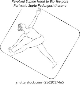 Sketch of young woman practicing Parivritta Supta Padangushthasana yoga pose.Revolved Supine Hand to Big Toe pose. Isolated vector illustration.