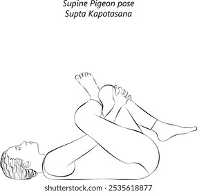 Esboço de jovem mulher praticando supta kapotasana ioga pose. Posto de Pombo Suino, Posto de Porco Quatro. Ilustração isolada de vetor.