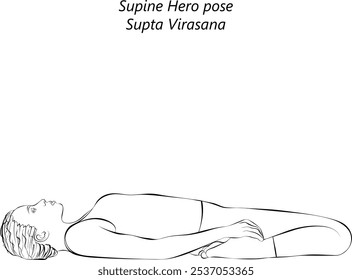 Esboço de jovem mulher praticando supta virasana ioga pose. Suine Hero pose ou Saddle pose. Dificuldade Intermediária. Ilustração isolada de vetor.