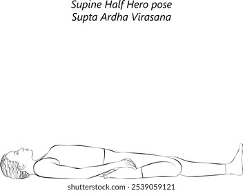 Esboço de jovem mulher praticando Supta Ardha Virasana yoga pose. Suine Hero pose ou Half Saddle pose. Ilustração isolada de vetor.