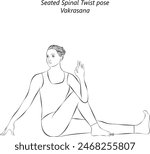 Sketch of young woman practicing Vakrasana yoga pose. Seated Spinal Twist pose. Intermediate Difficulty. Isolated vector illustration.