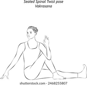 Boceto de mujer joven practicando pose de yoga Vakrasana. Postura de giro espinal sentado. Dificultad Intermedia. Ilustración vectorial aislada.