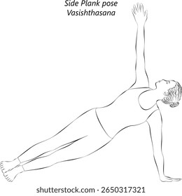 Sketch of young woman practicing Vasishthasana yoga pose. Side Plank yoga pose. Isolated vector illustration.
