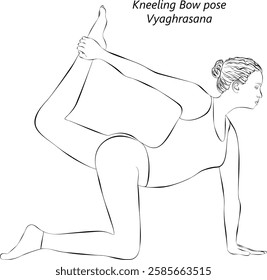 Sketch of young woman practicing Vyaghrasana yoga pose. Kneeling Bow pose. Isolated vector illustration.