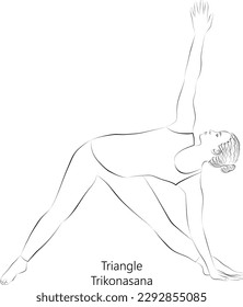Sketch of young woman practicing yoga, doing Triangle pose or Trikonasana. Standing and Lateral Bend. Beginner. Vector illustration isolated on transparent background.