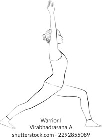 Sketch of young woman practicing yoga, doing Warrior 1 (one) pose or Virabhadrasana A. Standing and Balancing. Beginner. Vector illustration isolated on transparent background.