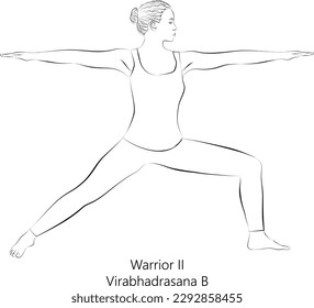 Sketch of young woman practicing yoga, doing Warrior 2 two pose or Virabhadrasana B. Standing and Balancing. Beginner. Vector illustration isolated on transparent background.