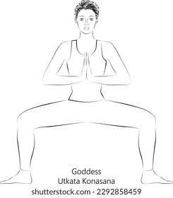 Sketch of young woman practicing yoga, doing Goddess pose or Horse Stance pose. Utkata Konasana. Standing and Neutral. Beginner. Vector illustration isolated on transparent background.