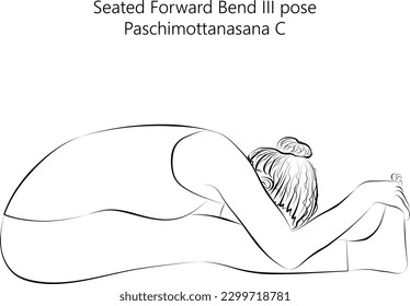 Sketch of young woman practicing yoga, doing Seated Forward Bend 3 pose or Intense West Stretch. Paschimottanasana C. Seated and Forward Bend. Vector illustration isolated on transparent background.