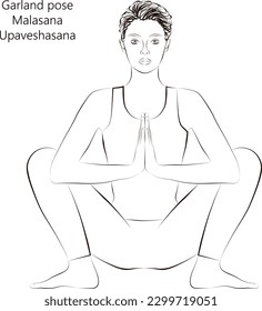 Sketch of young woman practicing yoga, doing Garland pose or Yogi Squat pose. Malasana or Upaveshasana. Seated and Balancing. Beginner. Vector illustration isolated on transparent background.