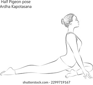 Sketch of young woman practicing yoga, doing Half Pigeon pose or Swan pose. Ardha Kapotasana. Seated and Backbend. Beginner. Vector illustration isolated on transparent background.