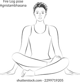 Sketch of young woman practicing yoga, doing Fire Log pose or Double Pigeon pose or Square pose. Agnistambhasana. Seated and Neutral. Beginner. Vector illustration isolated on transparent background.