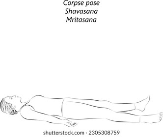 Sketch of young woman practicing yoga, doing Corpse pose. Shavasana or Mritasana. Supine and Neutral. Beginner. Vector illustration isolated on transparent background.