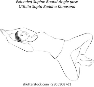 Sketch of young woman practicing yoga, doing Extended Supine Bound Angle pose. Utthita Supta Baddha Konasana. Supine and Neutral. Beginner. Vector illustration isolated on transparent background.