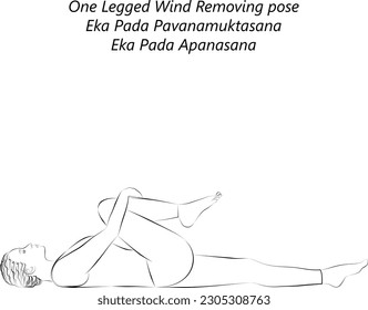 Sketch of young woman practicing yoga, doing One Legged Wind Removing pose. Eka Pada Pavanamuktasana. Eka Pada Apanasana. Supine. Forward Bend. Vector illustration isolated on transparent background.