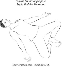 Sketch of young woman practicing yoga, doing Supine Bound Angle pose. Supta Baddha Konasana. Supine and Neutral. Beginner. Vector illustration isolated on transparent background.