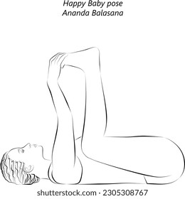 Sketch of young woman practicing yoga, doing Blissful Baby pose or Happy Baby or Dead Bug pose. Ananda Balasana. Supine and Balansing. Beginner. Vector illustration isolated on transparent background.