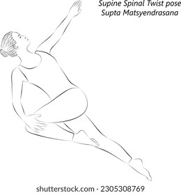 Sketch of young woman practicing yoga, doing Supine Spinal Twist pose. Supta Matsyendrasana. Supine and Twist. Beginner. Vector illustration isolated on transparent background.