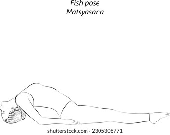 Sketch of young woman practicing yoga, doing Fish pose. Matsyasana. Supine and Backbend. Beginner. Vector illustration isolated on transparent background.