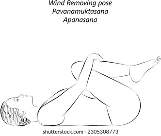 Sketch of young woman practicing yoga, doing Wind Removing or Wind Relieving pose.Pavanamuktasana. Apanasana. Supine and Forward Bend. Beginner. Vector illustration isolated on transparent background.