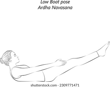 Sketch of young woman practicing yoga, doing Low Boat pose or Canoe pose. Ardha Navasana. Seated and Balancing. Beginner. Vector illustration isolated on transparent background.