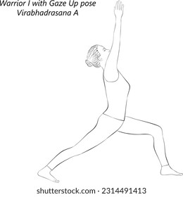 Sketch of young woman practicing yoga, doing Warrior 1 with Gaze Up pose. Virabhadrasana A. Standing and Balancing. Beginner. Vector illustration isolated on transparent background.