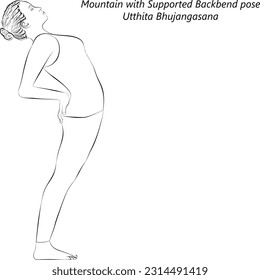 Skizze von jungen Frauen, die Yoga praktizieren, Berg mit Unterstützter Rückbeuge Pose oder Stehende Cobra Pose. Utthita Bhujangasana. Vektorgrafik einzeln auf transparentem Hintergrund.		