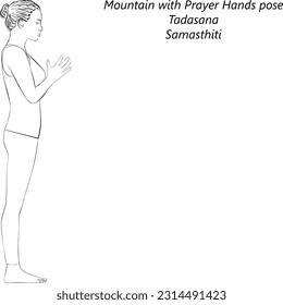 Sketch of young woman practicing yoga, doing Mountain with Prayer Hands pose. Tadasana. Pranamasana. Standing and Neutral. Beginner. Vector illustration isolated on transparent background.		