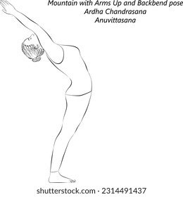 Skizze von jungen Frauen, die Yoga praktizieren, Berg mit Waffen Auf und Rückbiegung Pose. Ardha Chandrasana. Anuvittasana. Stehen und Rückbiegung. Vektorgrafik einzeln auf transparentem Hintergrund.		