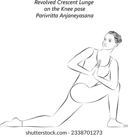 Sketch of young woman practicing yoga, doing Revolved Crescent Lunge on the Knee pose. Parivritta Anjaneyasana. Standing and Twist. Intermediate. Isolated vector illustration.