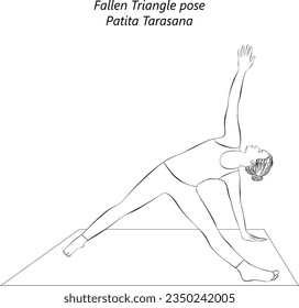 Skizze von jungen Frauen, die Yoga praktizieren, Fallen-Dreieck-Pose oder Fallen-Star-Pose tun. Patita Tarasana. Unterstützung für den Arm und Rückbiegung. Zwischenschaltung. Einzige Vektorgrafik.