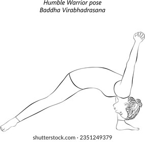 Sketch of young woman practicing yoga, doing Humble Warrior pose. Baddha Virabhadrasana. Standing and Forward Bend. Intermediate. Isolated vector illustration.