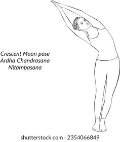 Sketch of young woman practicing yoga, doing Crescent Moon pose or Half Moon pose. Ardha Chandrasana or Nitambasana. Standing and Lateral Bend. Intermediate. Isolated vector illustration.