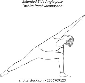 Sketch of young woman practicing yoga, doing Extended Side Angle pose. Utthita Parshvakonasana. Standing and Lateral Bend. Intermediate. Isolated vector illustration.