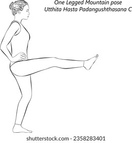 Sketch of young woman practicing yoga, doing One Legged Mountain pose. Utthita Hasta Padangushthasana C. Standing and Balancing. Intermediate. Isolated vector illustration.