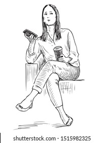 Sketch of young woman sitting with smartphone and coffe cup