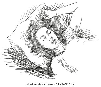 Sketch of young woman sleeping in bed, Hand drawn vector illustration with cross hatched shade