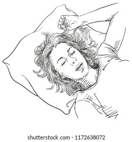 Sketch of young woman sleeping with head and one arm on pillow, Hand drawn vector illustration