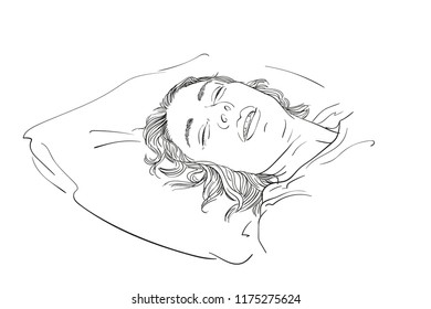 Sketch of young woman sleeping on pillow, Hand drawn vector linear illustration